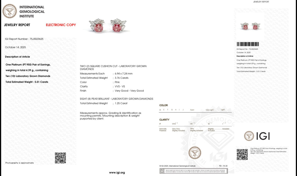 Cercei din platină PT950 cu diamante roz de cultură – IGI