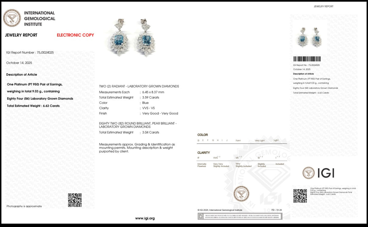 Cercei din platină PT950 cu diamante albastre de cultură – IGI