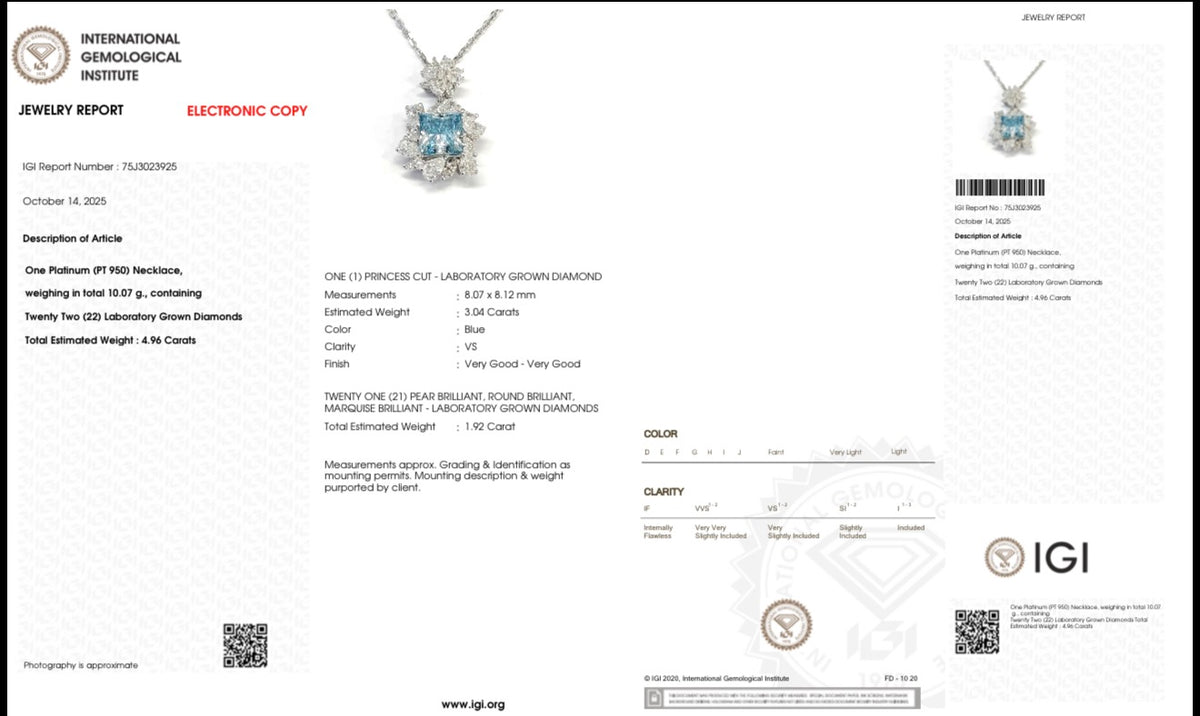 Colier din platină PT950 cu diamant albastru de cultură – IGI