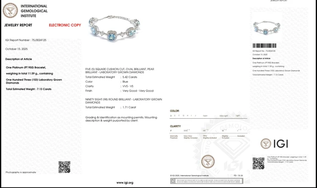 Brățară din platină PT950 cu diamante albastre de cultură – IGI 75J3024125