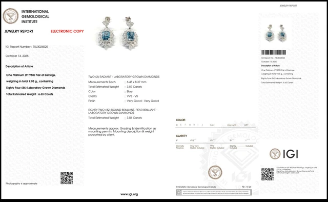Cercei din platină PT950 cu diamante albastre de cultură – IGI